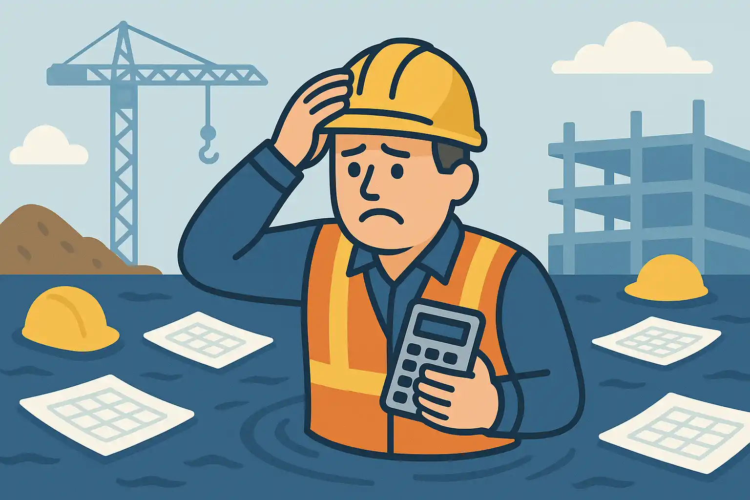 Construction worker surrounded by spreadsheets